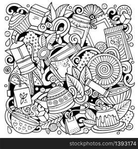 Cartoon vector doodles Tea illustration. Sketchy, detailed, with lots of objects background. All objects separate. Line art Cafe funny picture. Cartoon vector doodles Tea illustration. Cafe funny picture