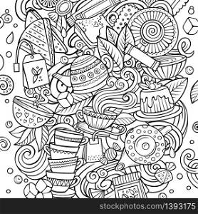 Cartoon vector doodles Tea illustration. Sketchy, detailed, with lots of objects background. All objects separate. Line art Cafe funny picture. Cartoon vector doodles Tea illustration. Cafe funny picture