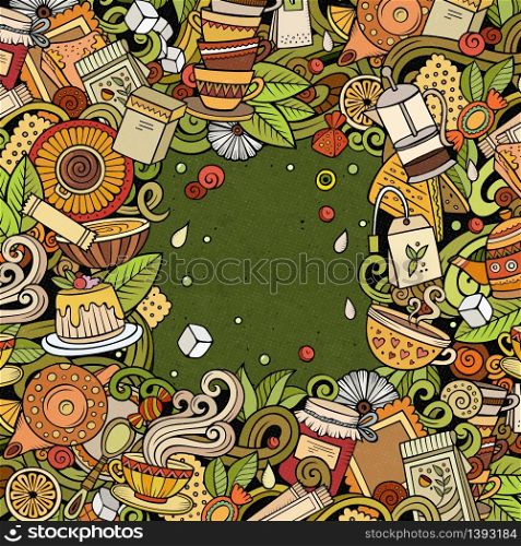 Cartoon vector doodles Tea time frame. Colorful, detailed, with lots of objects background. All objects separate. Bright colors cafe funny border. Cartoon vector doodles Tea time frame. Colorful, with lots of objects background