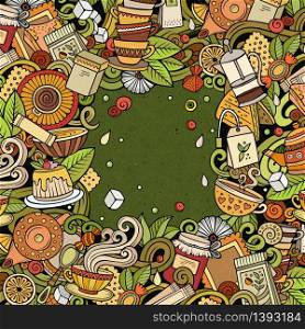 Cartoon vector doodles Tea time frame. Colorful, detailed, with lots of objects background. All objects separate. Bright colors cafe funny border. Cartoon vector doodles Tea time frame. Colorful, with lots of objects background