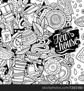 Cartoon vector doodles Tea time frame. Line art, detailed, with lots of objects background. All objects separate. Sketchy cafe funny border. Cartoon vector doodles Tea time frame. detailed, with lots of objects background