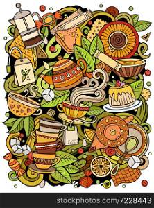 Cartoon vector doodles Tea time illustration. Colorful, detailed, with lots of objects background. All objects separate. Bright colors Cafe funny picture. Cartoon vector doodles Tea time illustration. Bright colors Cafe funny picture