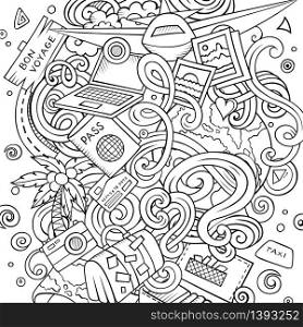Cartoon vector doodles Travel illustration. Line art, detailed, with lots of objects background. All objects separate. Contour drawing traveling funny round picture. Cartoon vector doodles Travel illustration
