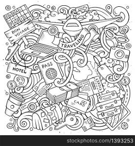 Cartoon vector doodles Travel illustration. Line art, detailed, with lots of objects background. All objects separate. Contour drawing traveling funny round picture. Cartoon vector doodles Travel illustration