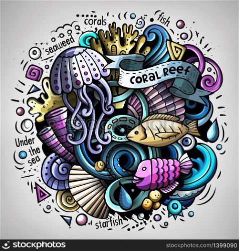 Cartoon vector doodles Underwater world illustration. Colorful, detailed, with lots of objects background. All objects separate. Bright colors sea life funny picture. Cartoon vector doodles Underwater world illustration