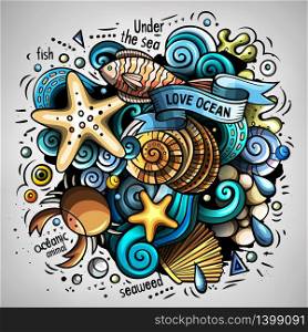 Cartoon vector doodles Underwater world illustration. Colorful, detailed, with lots of objects background. All objects separate. Bright colors sea life funny picture. Cartoon vector doodles Underwater world illustration