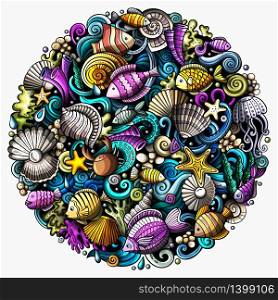 Cartoon vector doodles Underwater world illustration. Colorful, detailed, with lots of objects background. All objects separate. Bright colors sea life funny round picture. Cartoon vector doodles Underwater world illustration