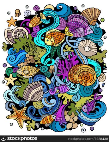 Cartoon vector doodles Underwater world illustration. Colorful, detailed, with lots of objects background. All objects separate. Bright colors sea life funny picture. Cartoon vector doodles Underwater world funny picture