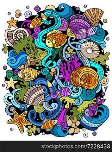 Cartoon vector doodles Underwater world illustration. Colorful, detailed, with lots of objects background. All objects separate. Bright colors sea life funny picture. Cartoon vector doodles Underwater world funny picture