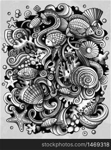 Cartoon vector doodles Underwater world illustration. Monochrome, detailed, with lots of objects background. All objects separate. sea life funny picture. Cartoon vector doodles Underwater world funny picture