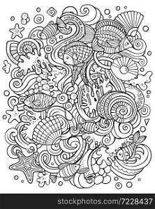Cartoon vector doodles Underwater world illustration. Sketchy, detailed, with lots of objects background. All objects separate. Line art sea life funny picture. Cartoon vector doodles Underwater world funny picture