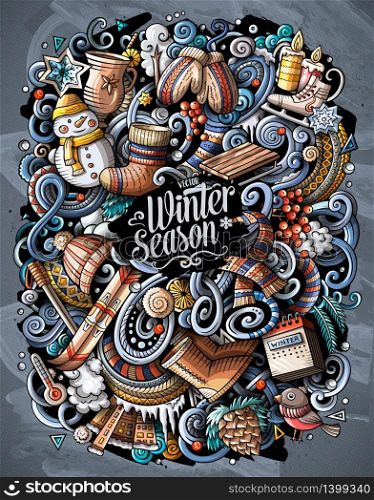 Cartoon vector doodles Winter illustration. Colorful, detailed, with lots of objects background. All objects separate. Bright colors cold season funny picture. Cartoon vector doodles Winter illustration. cold season funny picture