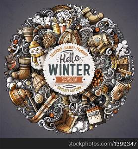 Cartoon vector doodles Winter illustration. Colorful, detailed, with lots of objects background. All objects separate. Bright colors cold season funny round picture. Cartoon vector doodles Winter illustration
