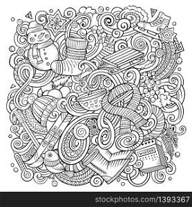 Cartoon vector doodles Winter illustration. Line art, detailed, with lots of objects background. All objects separate. Contour drawing cold season funny picture. Cartoon vector doodles Winter illustration