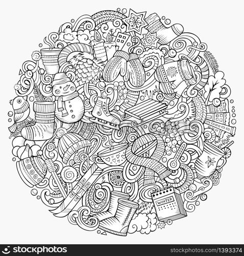 Cartoon vector doodles Winter illustration. Line art, detailed, with lots of objects background. All objects separate. Contour cold season funny round picture. Cartoon vector doodles Winter illustration