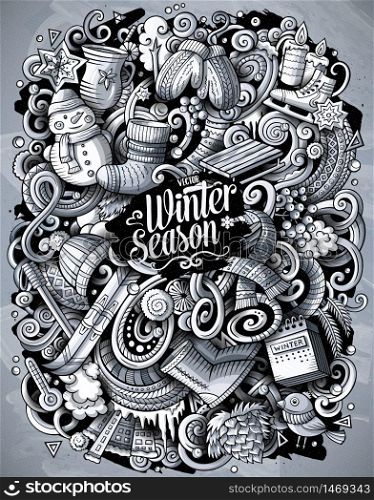 Cartoon vector doodles Winter illustration. Monochrome, detailed, with lots of objects background. Toned cold season funny picture. Cartoon vector doodles Winter illustration. Toned cold season funny picture