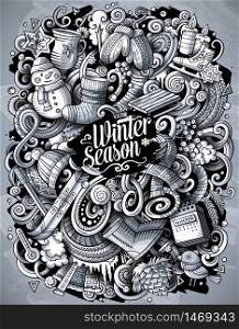 Cartoon vector doodles Winter illustration. Monochrome, detailed, with lots of objects background. Toned cold season funny picture. Cartoon vector doodles Winter illustration. Toned cold season funny picture