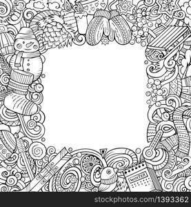 Cartoon vector doodles Winter square frame design. Line art detailed, with lots of objects illustration. All items are separate. Contour drawing seasonal funny border. Cartoon vector doodles Winter square frame design