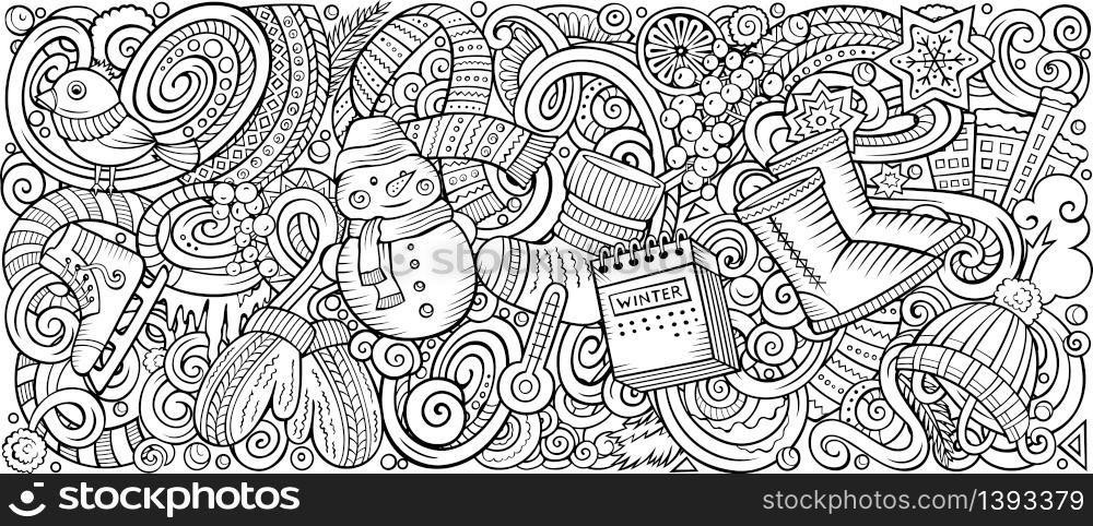 Cartoon vector doodles Winter vertical horizontal stripe illustration. Line art detailed, with lots of objects illustration. All items are separate. Cartoon vector doodles Winter vertical horizontal stripe illustration