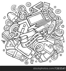 Cartoon vector doodles Work from Home illustration. Sketchy, detailed, with lots of objects background. All objects separate. Line art epidemic picture. Cartoon vector doodles Work from Home illustration. Sketchy picture
