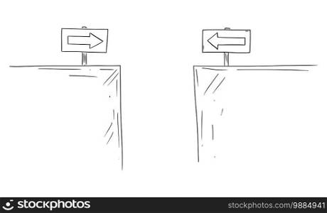 Cartoon vector drawing or illustration of two ways with traffic arrow signs leading to fall to canyon, chasm or abyss. Concept of failure, way to success and obstacle.. Vector Cartoon Illustration of Two Ways and Traffic Arrow Signs Leading to Canyon or Abyss. Concept of Obstacle in Way, Falling Down and Failure