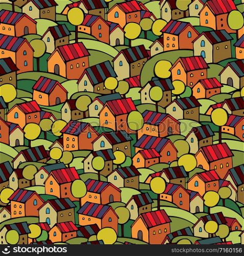 Cartoon vector fairy tale autumn houses seamless pattern. autumn houses seamless pattern