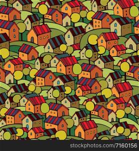Cartoon vector fairy tale autumn houses seamless pattern. autumn houses seamless pattern