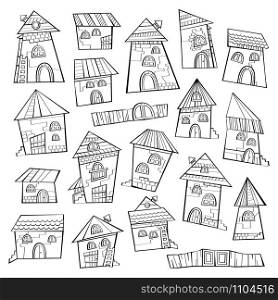 Cartoon vector fairy tale drawing houses. Series separate lodge.. Set of line art cartoon vector houses