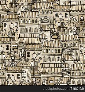 Cartoon vector fairy tale vintage houses seamless pattern. vintage houses seamless pattern
