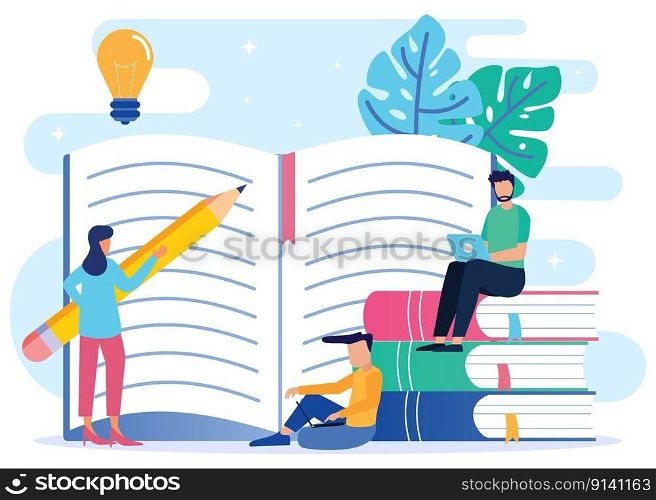 Cartoon Vector Flat Illustration Concept Education with Tiny Teacher and Student Character with Stationery School, Student or University Back to School Brochure Poster Knowledge Banner.