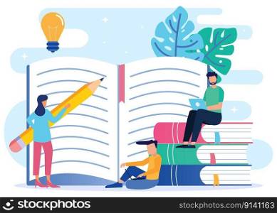 Cartoon Vector Flat Illustration Concept Education with Tiny Teacher and Student Character with Stationery School, Student or University Back to School Brochure Poster Knowledge Banner.