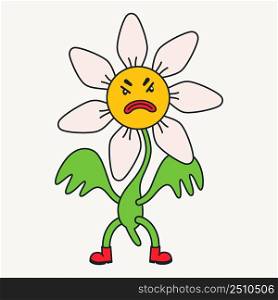 Cartoon vector funny cute Comic characters, angry daisy flower. Crazy cartoons Abstract vector collection in trendy retro comic style. Cartoon vector funny cute Comic characters, angry daisy flower.