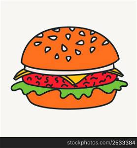 Cartoon vector funny cute Comic characters, burger. Crazy cartoons Abstract vector collection in trendy retro comic style. Cartoon vector funny cute Comic characters, burger.