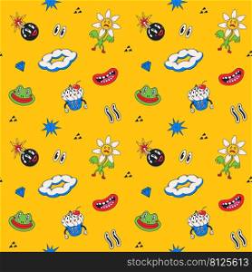 Cartoon vector funny cute Comic characters, seamless pattern. Crazy cartoons Abstract vector collection in trendy retro comic style. Cartoon vector funny cute Comic characters, seamless pattern.