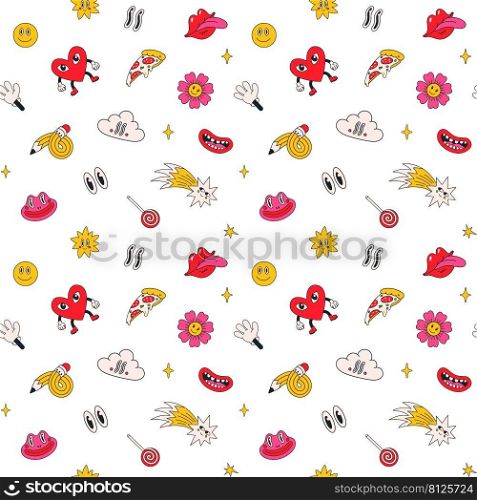Cartoon vector funny cute Comic characters, seamless pattern. Crazy cartoons Abstract vector collection in trendy retro comic style. Cartoon vector funny cute Comic characters, seamless pattern.