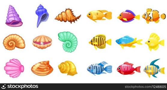 Cartoon Vector game icons with seashell, Colorful coral reef tropical fish, pearl, for underwater match three game, apps on white background.. Cartoon Vector game icons with seashell, Colorful coral reef tropical fish, pearl, for underwater match three game, apps on white background. Isolated elements.