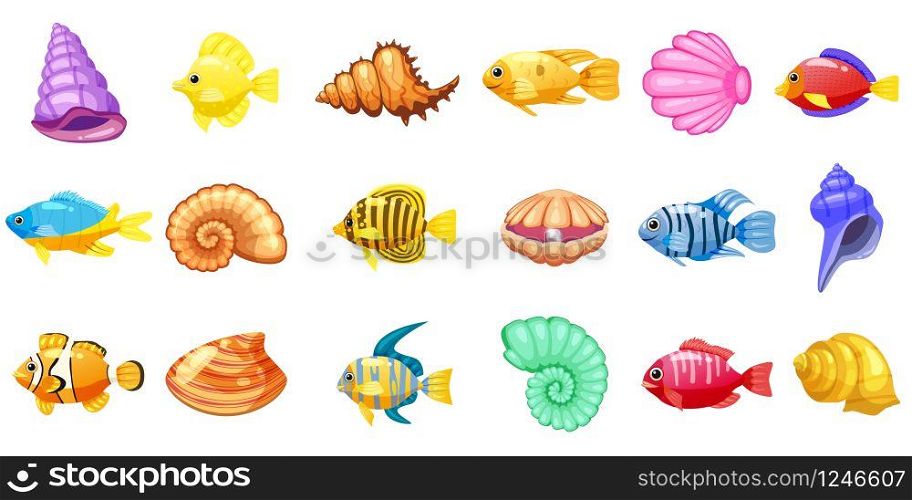 Cartoon Vector game icons with seashell, Colorful coral reef tropical fish, pearl, for underwater match three game, apps on white background.. Cartoon Vector game icons with seashell, Colorful coral reef tropical fish, pearl, for underwater match three game, apps on white background. Isolated elements.