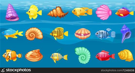 Cartoon Vector game icons with seashell, Colorful coral reef tropical fish, pearl, background underwater, for match three game, apps on white background.. Cartoon Vector game icons with seashell, Colorful coral reef tropical fish, pearl, background underwater, for match three game, apps on white background. Isolated elements.