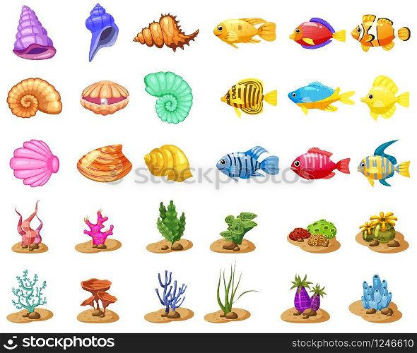 Cartoon Vector game icons with seashell, Colorful coral reef tropical fish, pearl, colorful corals and algae, white background, for match three game, apps on white background. Cartoon Vector game icons with seashell, Colorful coral reef tropical fish, pearl, colorful corals and algae, white background, for match three game, apps on white background. Isolated elements.