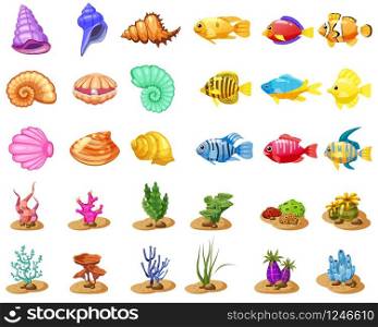 Cartoon Vector game icons with seashell, Colorful coral reef tropical fish, pearl, colorful corals and algae, white background, for match three game, apps on white background. Cartoon Vector game icons with seashell, Colorful coral reef tropical fish, pearl, colorful corals and algae, white background, for match three game, apps on white background. Isolated elements.