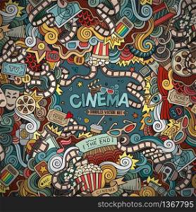 Cartoon vector hand-drawn Cinema Doodle frame. Colorful design background with movie objects and symbols border.. Cartoon vector hand-drawn Cinema Doodle frame. Colorful design