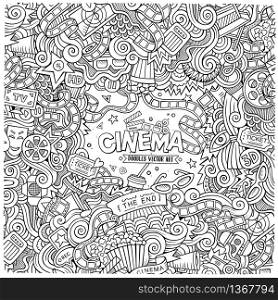 Cartoon vector hand-drawn Cinema Doodle frame. Design background with movie objects and symbols border.. Cartoon vector hand-drawn Cinema Doodle frame