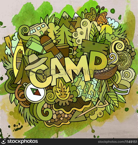 Cartoon vector hand drawn Doodle Camp illustration. Watercolor detailed design background with objects and symbols. Cartoon vector hand drawn Doodle Camp illustration