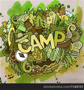 Cartoon vector hand drawn Doodle Camp illustration. Watercolor detailed design background with objects and symbols. Cartoon vector hand drawn Doodle Camp illustration