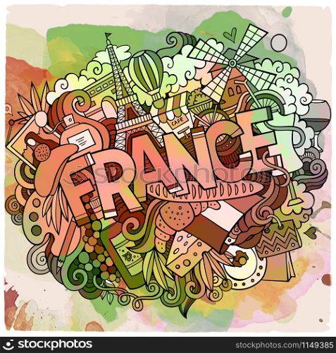 Cartoon vector hand drawn Doodle France illustration. Watercolor detailed design background with objects and symbols. Cartoon vector hand drawn Doodle France illustration
