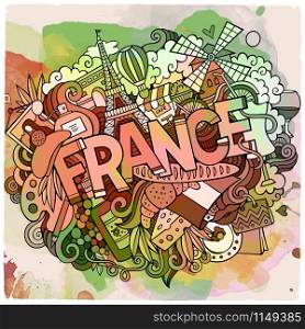 Cartoon vector hand drawn Doodle France illustration. Watercolor detailed design background with objects and symbols. Cartoon vector hand drawn Doodle France illustration