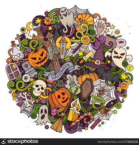 Cartoon vector hand drawn Doodle Halloween circle illustration. Colorful round detailed design background with objects and symbols. All objects are separated. Amazing bright colors.. Cartoon vector hand drawn Doodle Halloween circle illustration