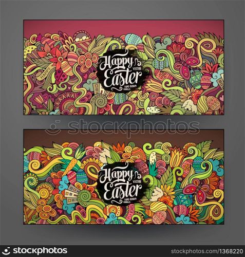 Cartoon vector hand-drawn Doodle Happy Easter cards. Horisontal banners design templates set. Corporate Identity vector templates set with doodles easter theme