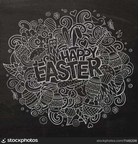 Cartoon vector hand drawn Doodle Happy Easter illustration. Chalkboard detailed design background with objects and symbols. All objects are separated. Cartoon vector hand drawn Doodle Happy Easter illustration