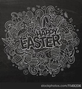 Cartoon vector hand drawn Doodle Happy Easter illustration. Chalkboard detailed design background with objects and symbols. All objects are separated. Cartoon vector hand drawn Doodle Happy Easter illustration